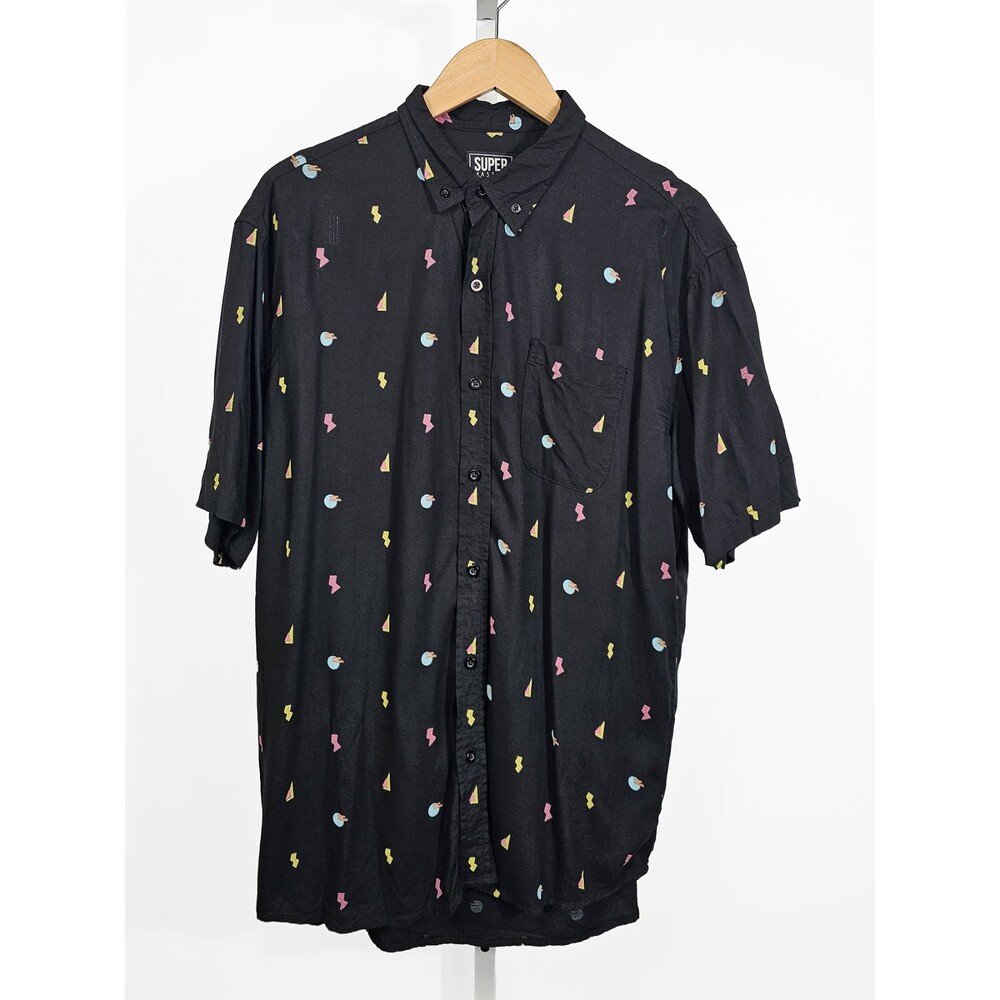 Super Massive Large Black Neon Geometric Short Sleeve Button Down
